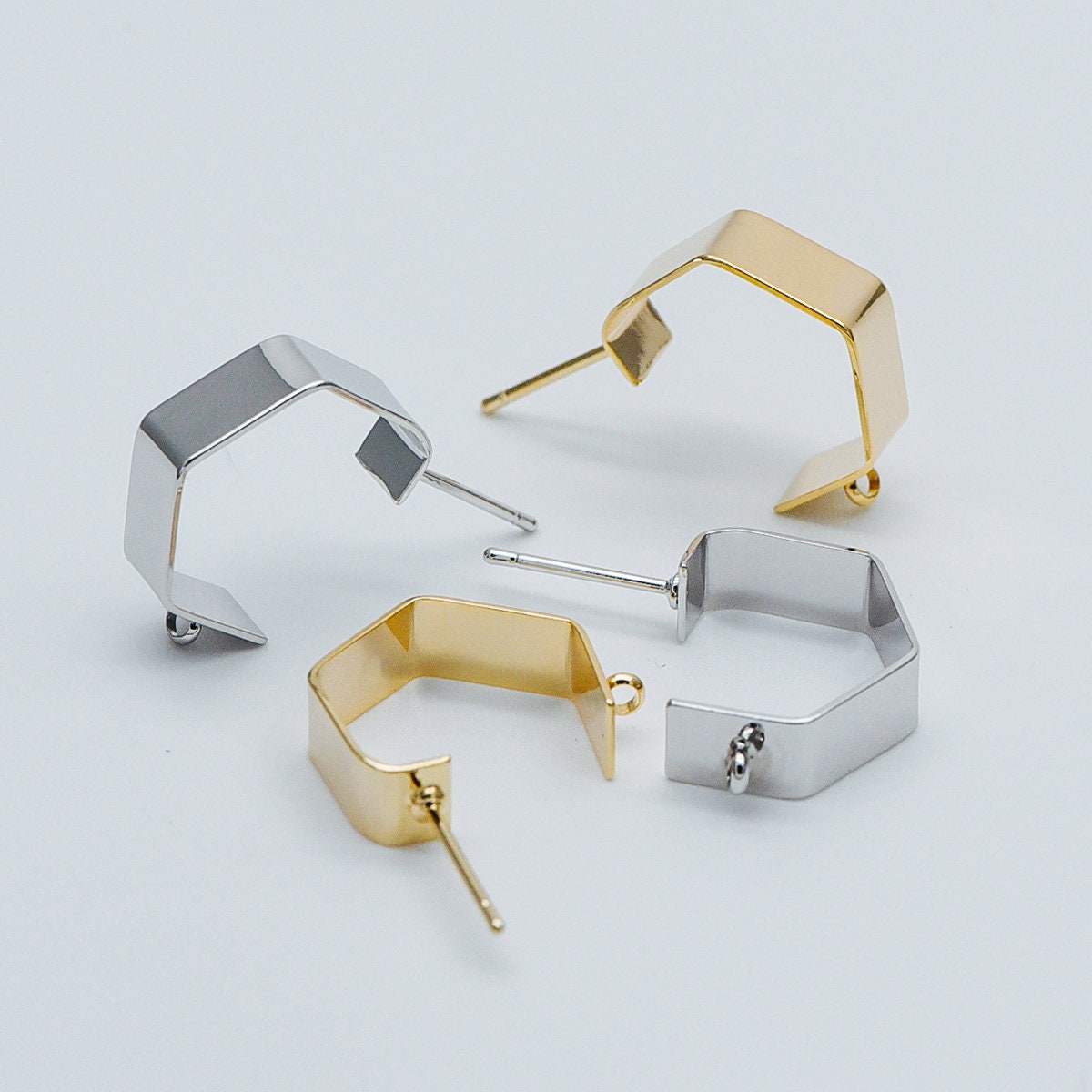 10pcs Gold/ Silver Hexagon Earring Studs, Gold/ Rhodium plated Brass, Geometric Ear Posts Components (GB-445)